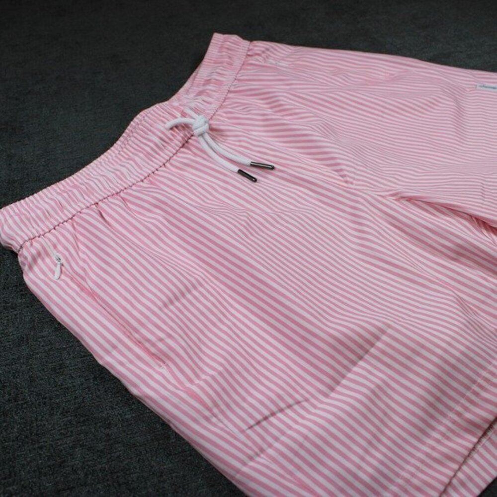 Maamgic Mens Pink White Striped Swim Trunks Quick Dry Shorts Size L